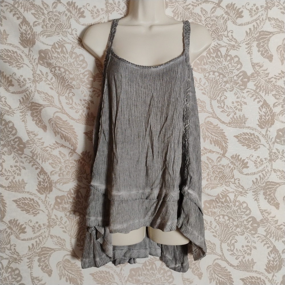 Knox Rose Gray Boho Crinkle Rayon Tank Top Lace Trim Relaxed Fit XXL